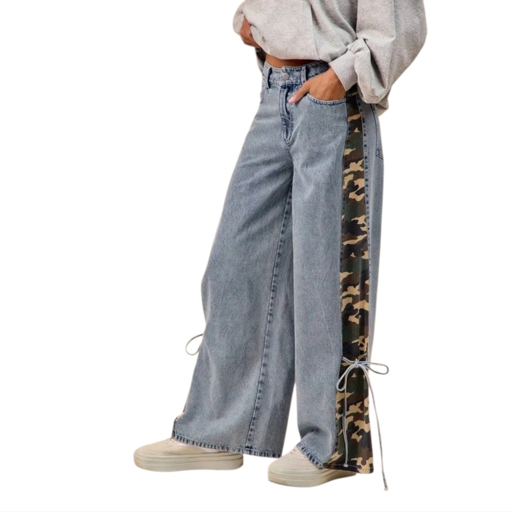 Bibi Camo Track Jeans Wide Leg High Rise Charcoal Blue Side Bow Y2K Large NWT